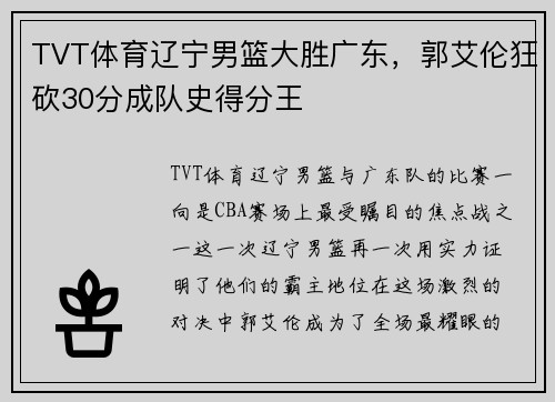 TVT体育辽宁男篮大胜广东，郭艾伦狂砍30分成队史得分王