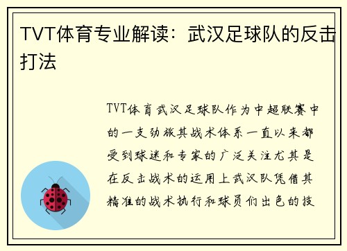 TVT体育专业解读：武汉足球队的反击打法