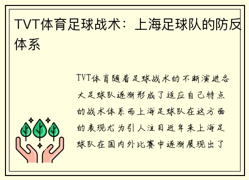 TVT体育足球战术：上海足球队的防反体系